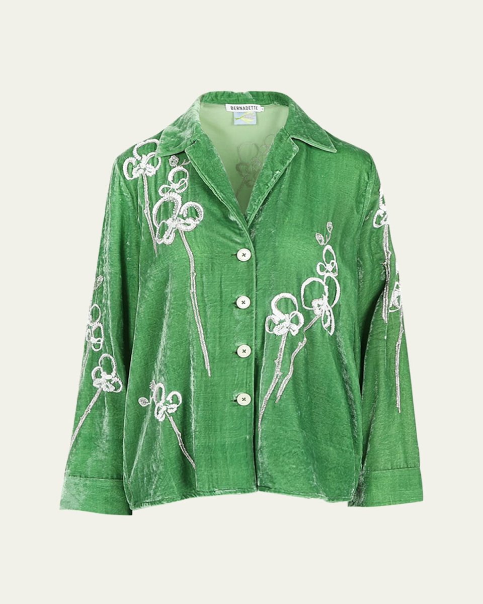 Flower Embroidered Velvet Button Down Blouse